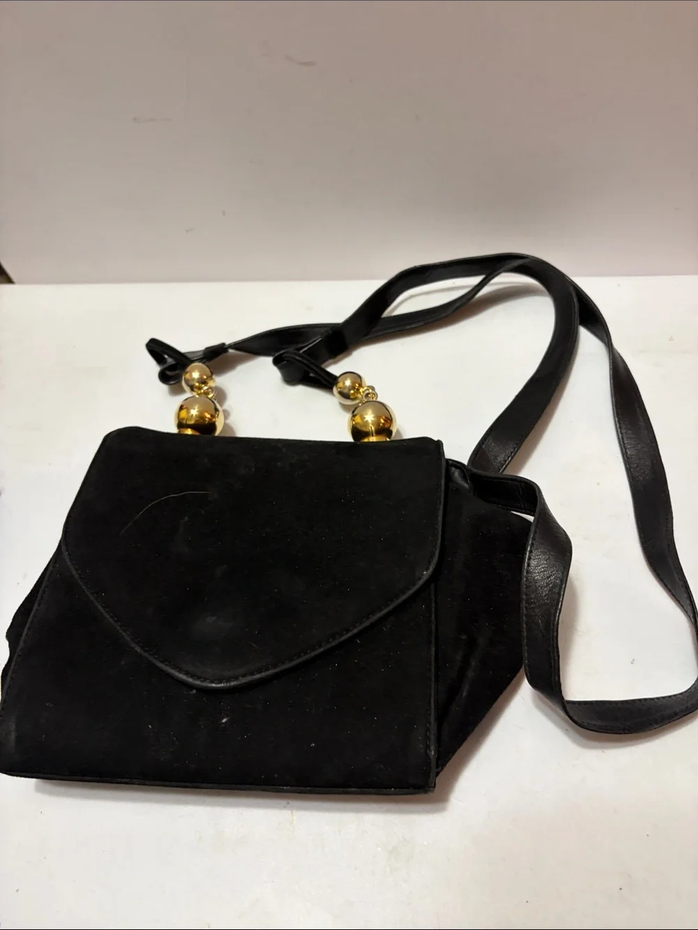 Stuart Weizmann Black Suede Crossbody Bag with Gold Accent Beads
